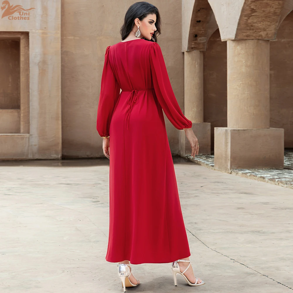 

Ramadan Diamonds Deep V Slit Front Dress Fashion Red Abayas Muslim Women Kaftan Party Evening Musulmane Femme Vestidos Largos