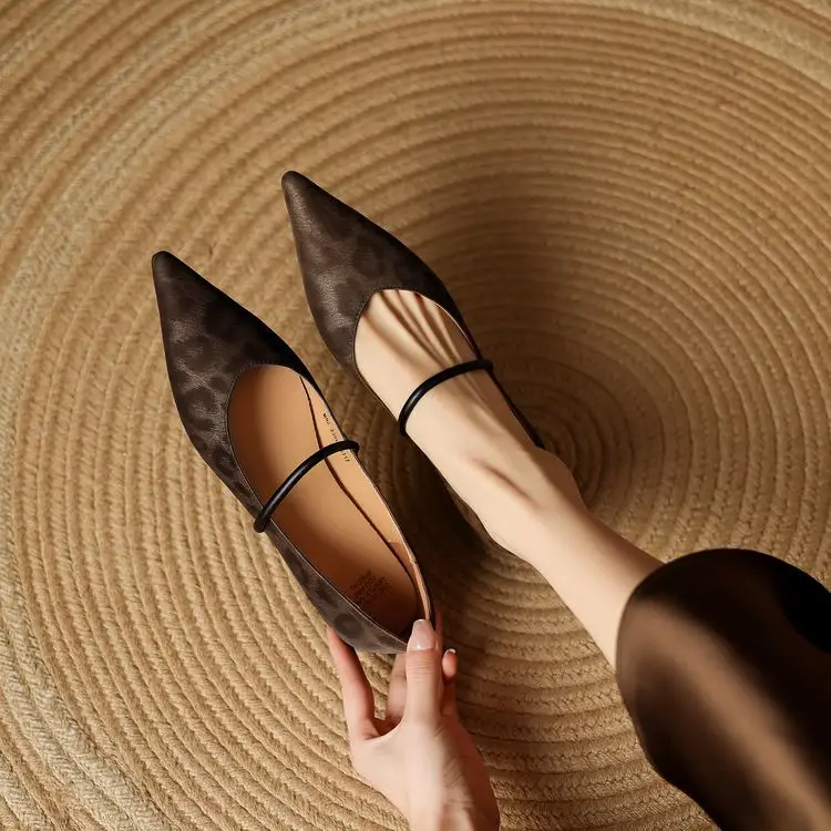 Women's Leather Mary Jane Flats - Leopard Print Peep Toe