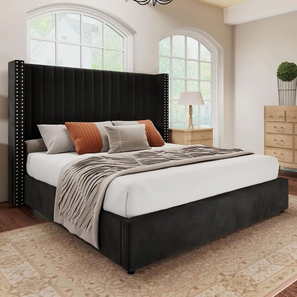 Lift up Storage Black Bed Frame， Upholstered Platform Bed Velvet with Channel Tufted Wingback Headboard, No Spring，Bed Frame.