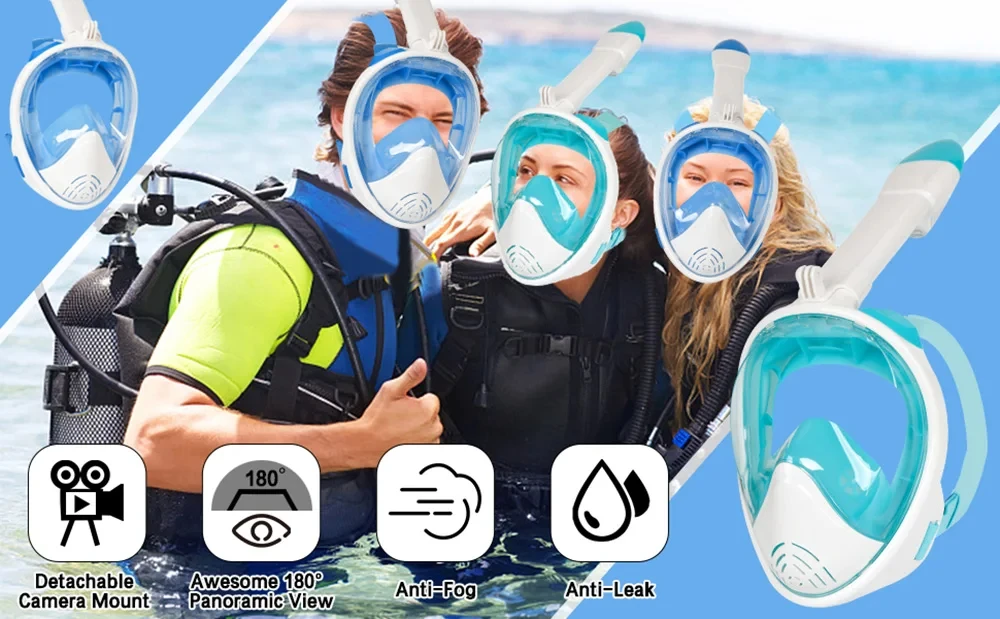 Vollgesichts-Schnorchelmaske zum Schnorcheln, Schwimmen und Tauchen mit abnehmbarer Kamerahalterung, weitem Sichtfeld, beschlagfrei und auslaufsicher für Erwachsene und Jugendliche – Detail 7