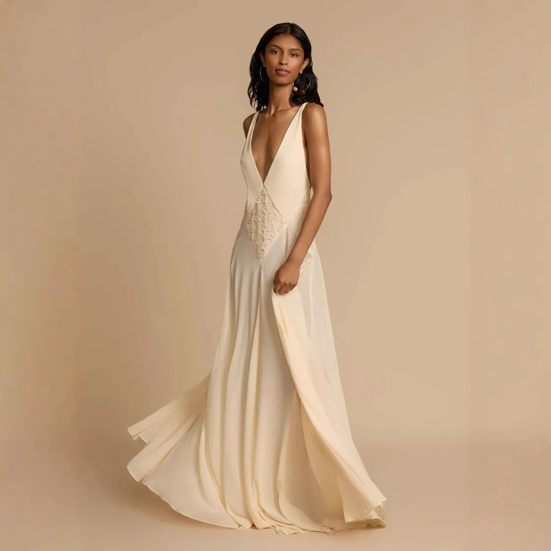 Beige Deep V-neck Suspender Dress Waist Mopping Long Dress Simple Fashion Temperament Elegant Slim And Thin Women's Clothing