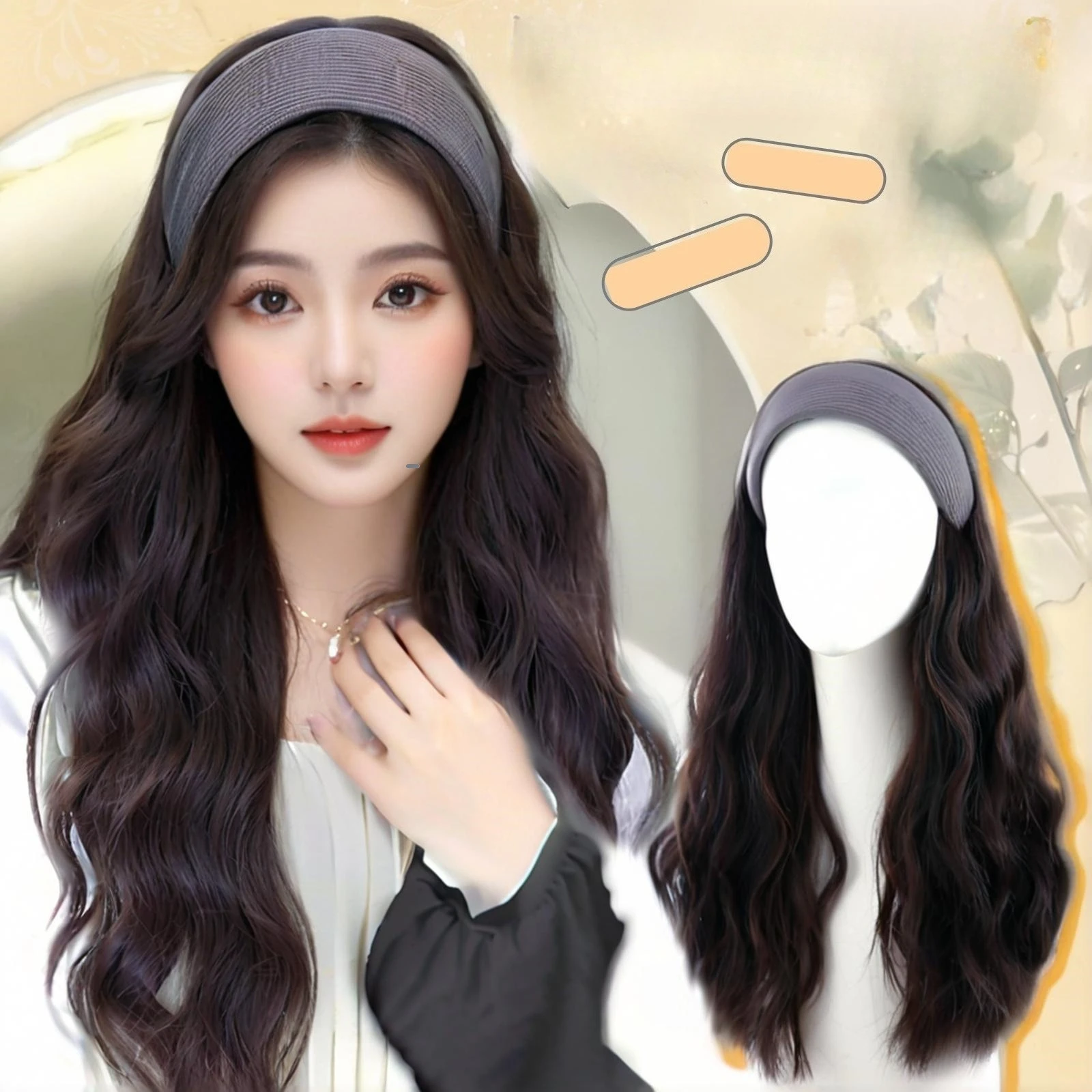 Women's Integrated Wig with Hairband, Fashionable Corn Curl Long Wavy Synthetic Semi-Headpiece Wig Accessories