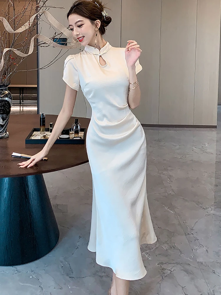 الصيف خلات الساتان الجاكار خمر شيونغسام فستان المرأة أنيقة Bodycon ثوب فاخر 2025 الكورية خمر مهرجان فستان الحفلات #2