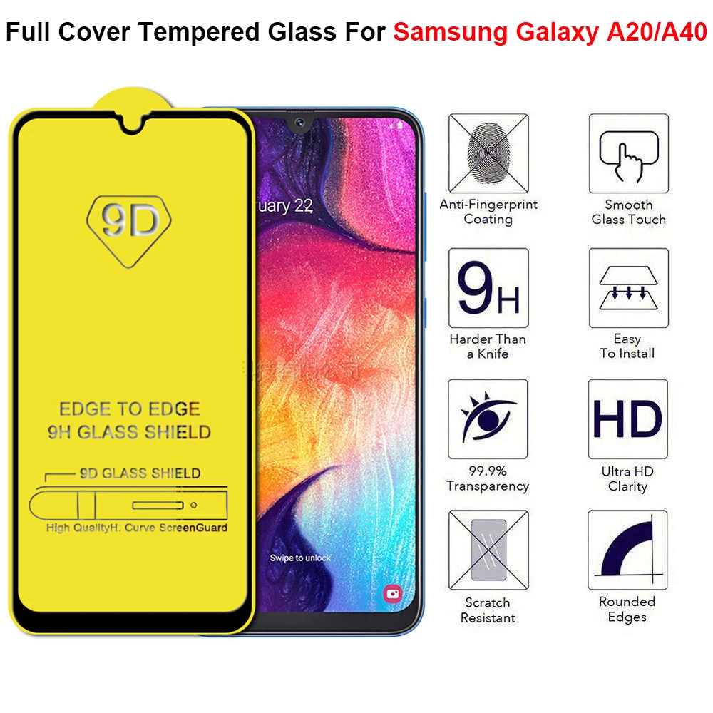 2 قطعة فيلم زجاجي لهاتف سامسونج جالاكسي A20 واقي للشاشة 9D غطاء كامل من الزجاج المقسى لهاتف سامسونج جالاكسي A40 طبقة رقيقة واقية