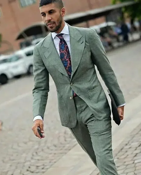 

2024 High Quality Costume Homme Green Linen Suit Summer Casual Beach Wedding Suits for Men Groom Blazer Custom Slim Fit 2 Piece