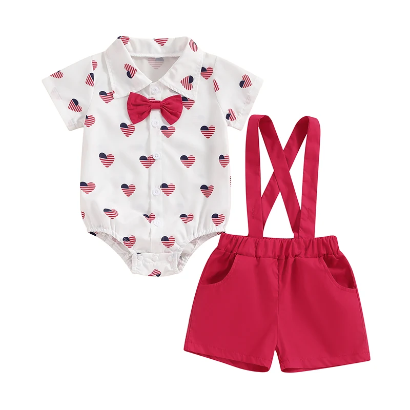 

Toddler Boy Gentleman Outfit Patriotic Heart Print Button Romper with Bow Tie and Suspender Shorts Set for Formal Wear