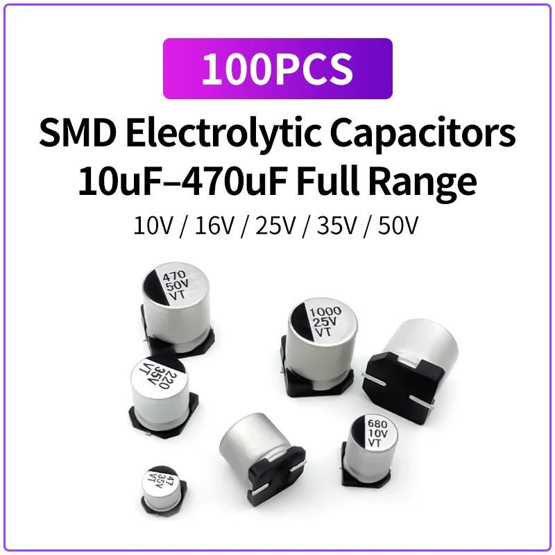 100PCS SMD Electrolytic Capacitors 10V 16V 25V 35V 50V 10uF 22uF 47uF 100uF 220uF 330uF 470uF Assorted Aluminum Capacitors