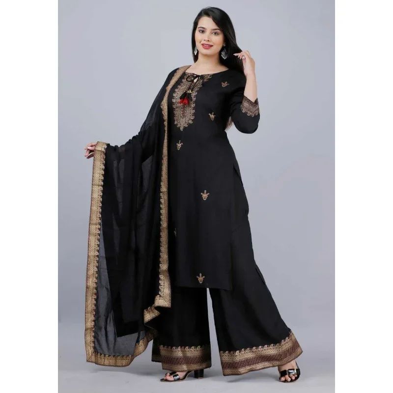 Damska pakistańska czarna Salwar Kameez Dupatta Palazzo Kurta uszyta garnitur