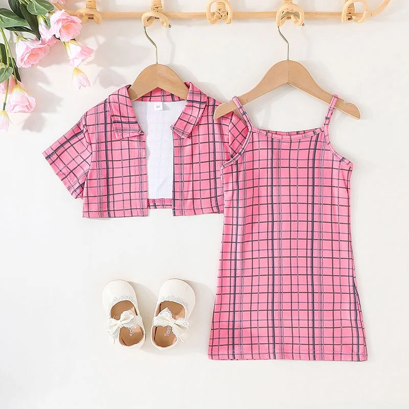 Clothing Set For Kid Girl 3-7 Years old Short Sleeve Blouse Plaid Suspenders Skirt Princess Dresses Summer Outfit For Baby Girl