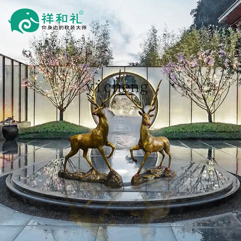 L15 Fa Cai imitation copper deer pair of floor-to-ceiling sculpture artwork outdoor courtyard large abstract simulation ornament