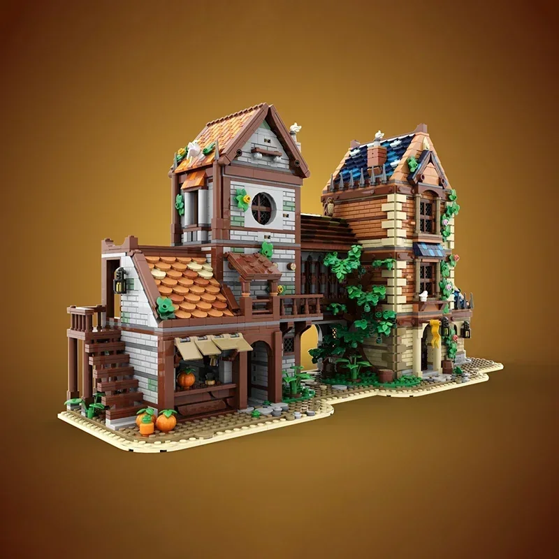 Moc bloco de construção medieval loja rua modelo tecnologia tijolo diy montagem modular urbano vista rua brinquedos presentes do feriado