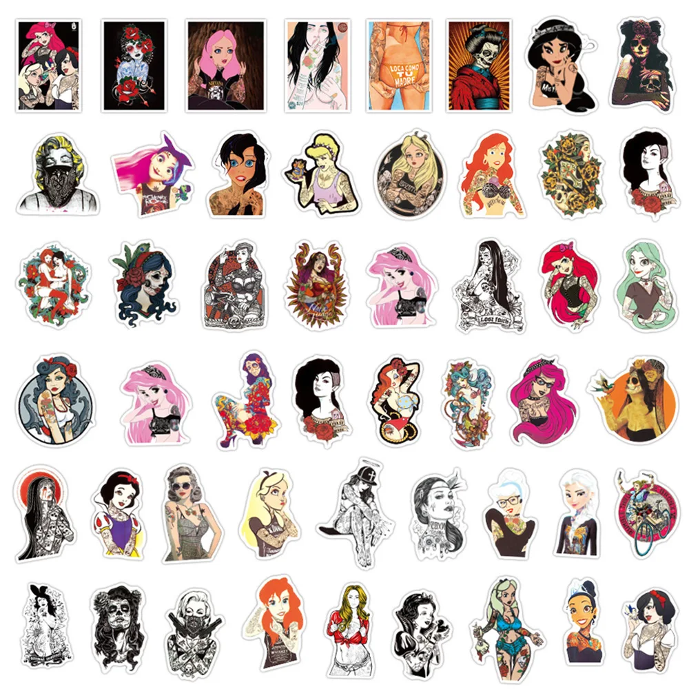 10/30/50pcs Anime Girls Princess Tattoos Stickers Cool Graffiti Body Arms Skateboard Laptop Waterproof Artsy Goth Decals Packs