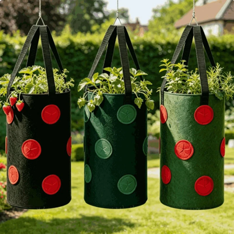 3 Gal 12 holes Strawberry grow pot bags Plants Flower Tomato Growing Garden wall Hanging Vegetable Root Planting Reusable Her A5