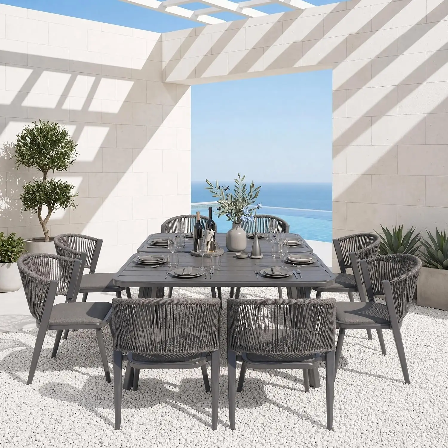 10-Pcs Aluminum Outdoor Dining Set, Weatherproof Rattan Furniture with 2 Tables & 8 Chairs with Cushions for Garden, Customized