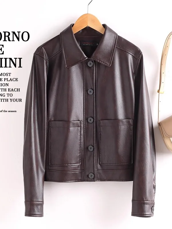 Skórzana kurtka motocyklowa damska, dopasowany krój, casualowa kurtka ze skóry bydlęcej, kołnierz w stylu brytyjskim, jesień 2025, modna odzież wierzchnia damska.