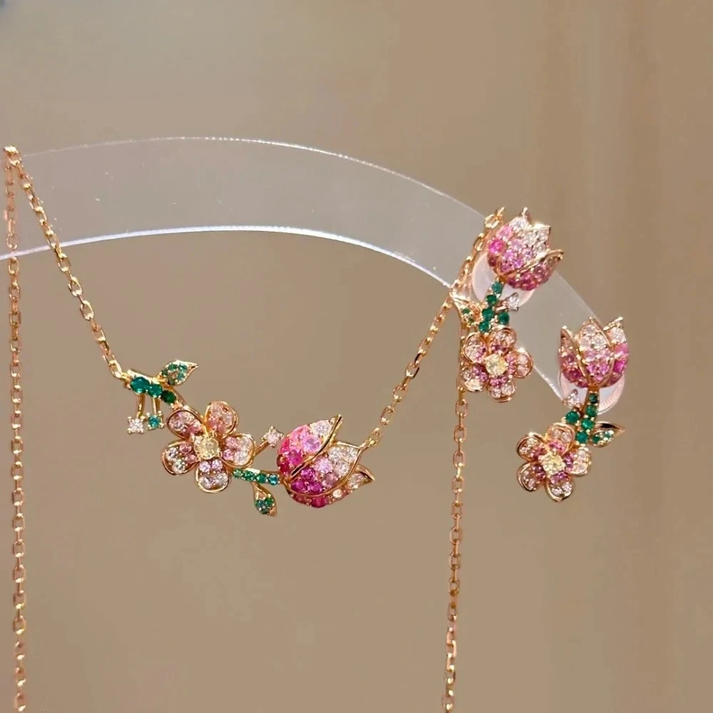 925 Sterling Silber Halskette mit Farbverlauf Rosa Diamantblume, Vintage Ohrstecker, Edelstein-Set für Damen – Detail 2