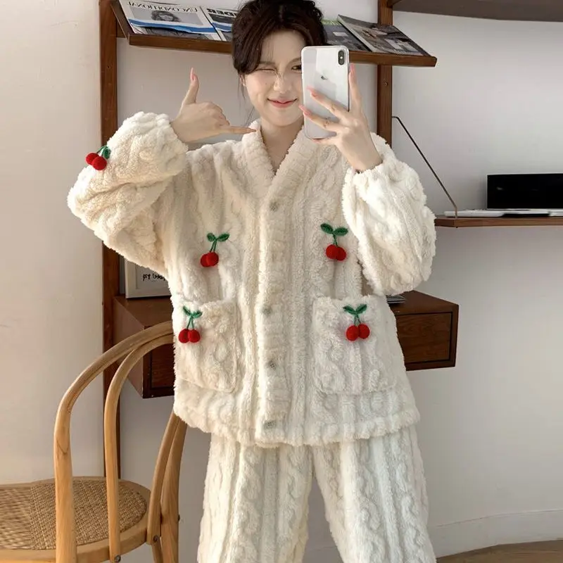 

Women's Coral Fleece Pajama Set Cute Fleece Lined Winter Warm Sleepwear Cozy Comfortable Cotton Loungewear Homewear Nightwear
