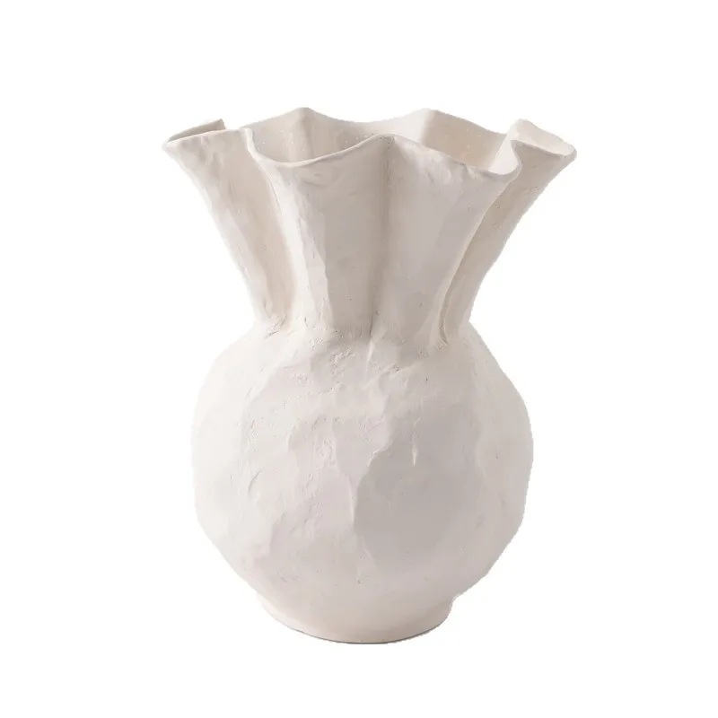 Modern Simple White Pleated Ceramic Vase Wavy Mouth Handmade Art Flower Ware Decoration Nordic Style Home Ornament