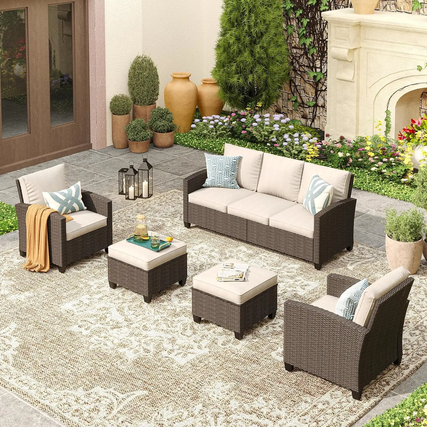 

5 Pieces Wicker Outdoor Conversation Set, 3-Seat Sofa with 2 Single Sofa Chairs and 2 Ottomans for Garden, Poolside, Backyard