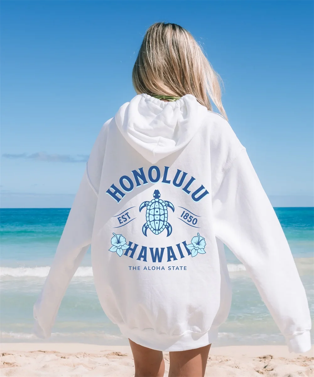 Hawaiian Hibiscus Flower Hoodie Honlulu Sweatshirt Women\'s Beach Resort Shirt Hoodies 2024 Winter Warm Fleece Student Tops