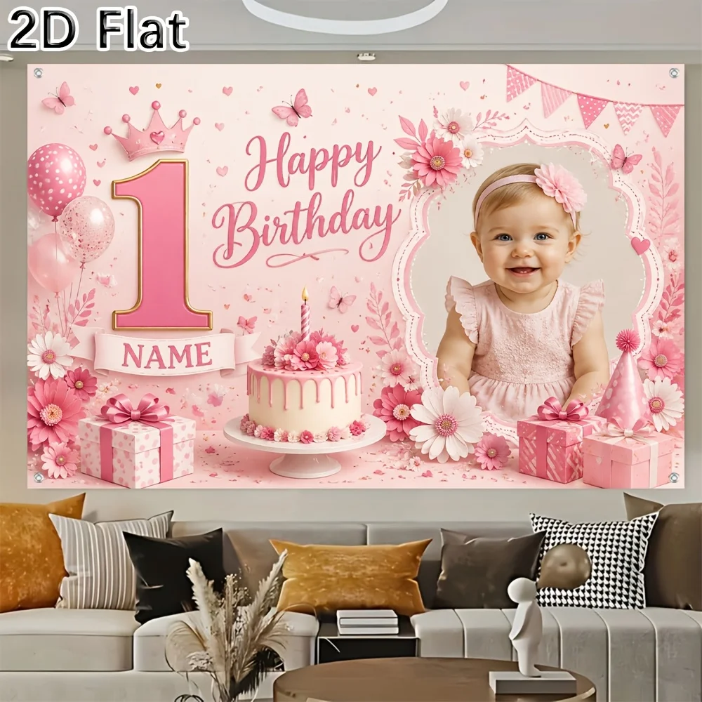 1pc Pink Floral Girl 1st Birthday Backdrop with Photo Frame Custom Name Happy First Birthday Party Banner Decor