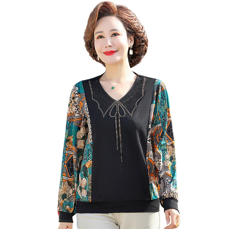 Women Chiffon patchwork Long Sleeve Loose Casual Pullover T-shirt Spring Large Size Mother Bottom Shirt Women Top