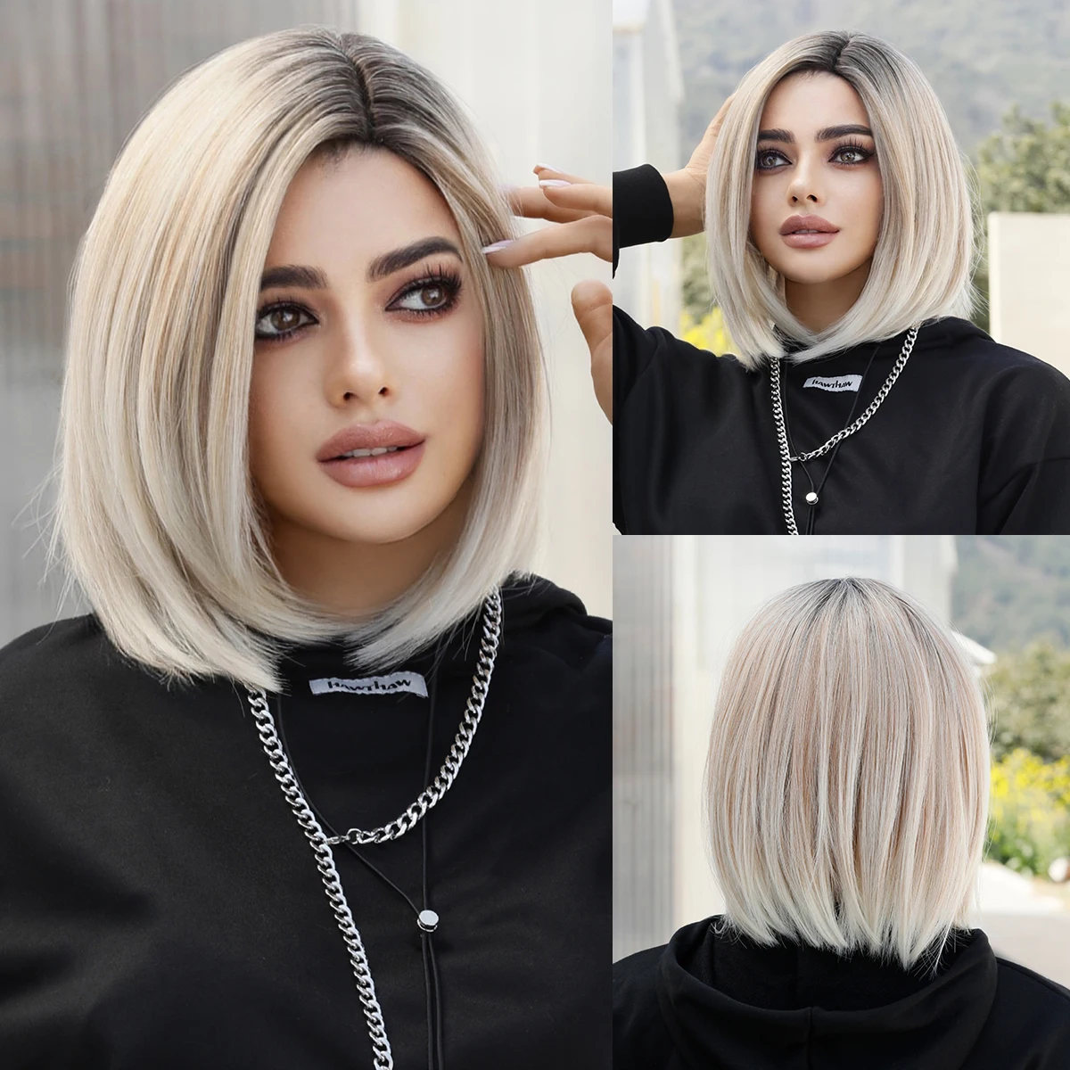 

NAMM Short Ombre Blonde Bob Wig for Women Daily Party Natural Synthetic Lavender Side parting Wig Heat Resistant Straight Wigs