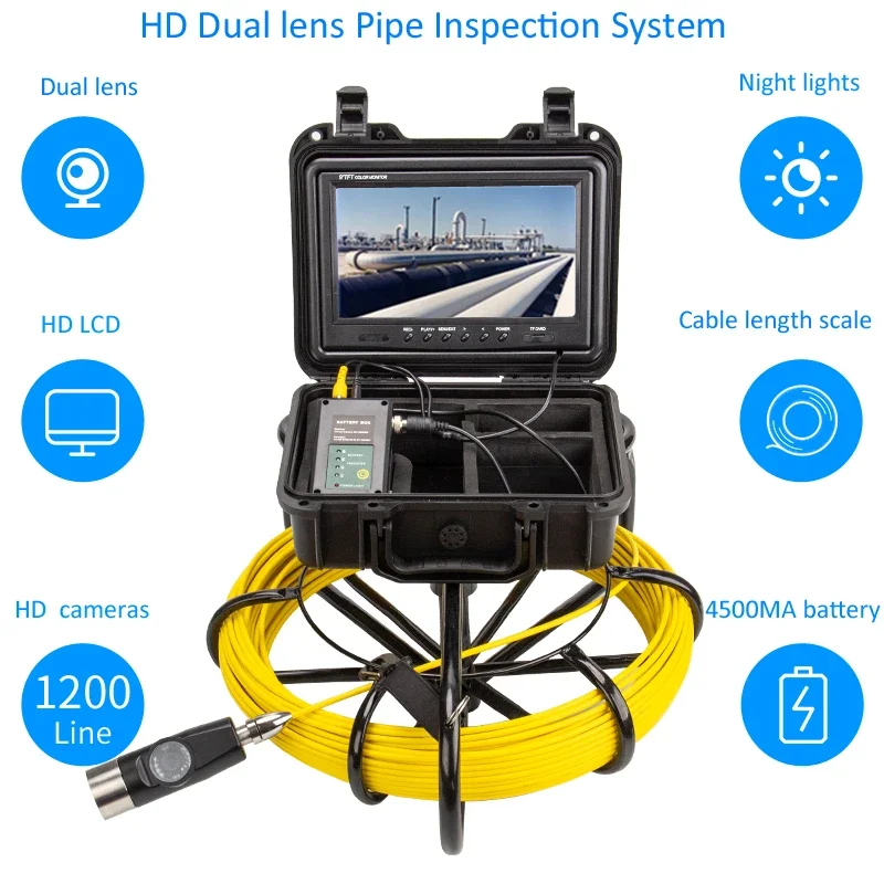 HD 1200TVL Pipe Inspection System Dual Lens WP9600 Video Recorder Endoscope Camera with Wifi Cable Length Scale 4500mah Battery