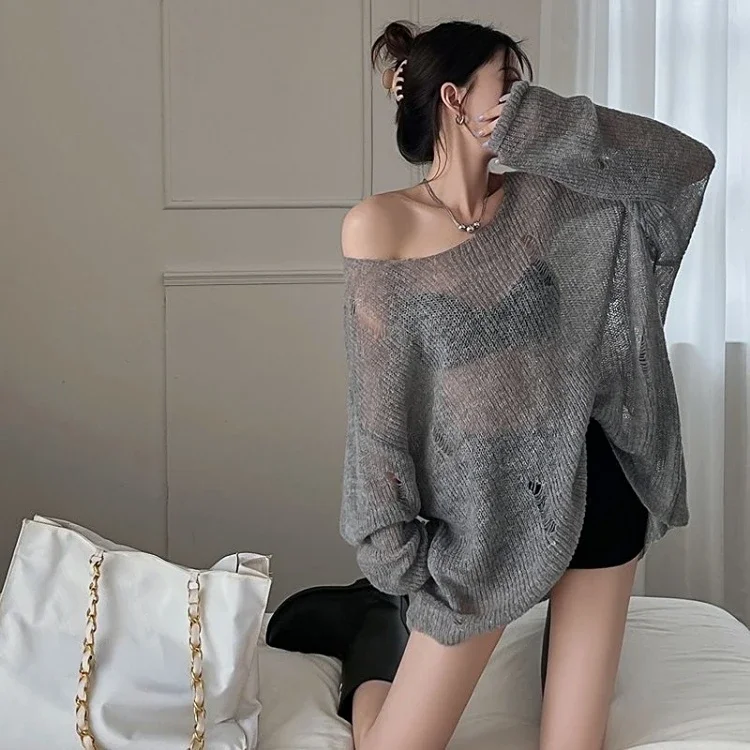 Sweet Lazy Hole Hollow Out Sunscreen Tops Women Summer New Slash Neck Long Sleeve Sweaters Loose All-match Knitted Pullover