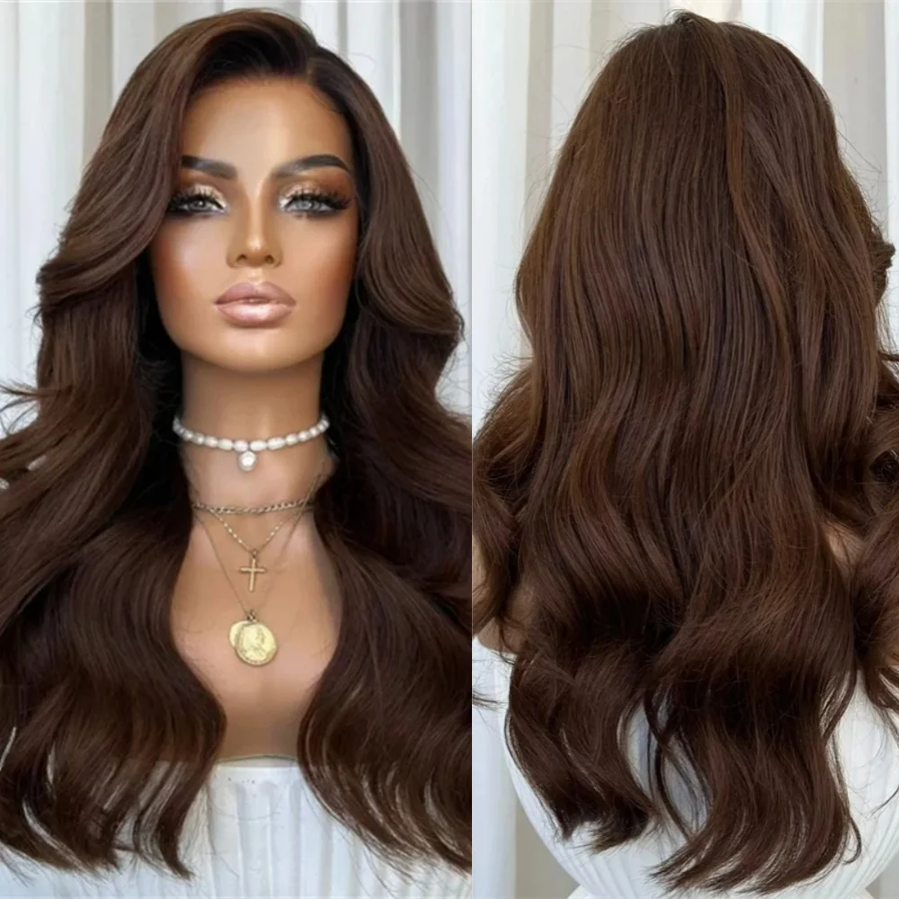 

Chocolate Brown Body Wave Wigs HD Synthetic Lace Front Glueless Wigs Women's Wig High Quality 24'' Preplucked Natural Hairline