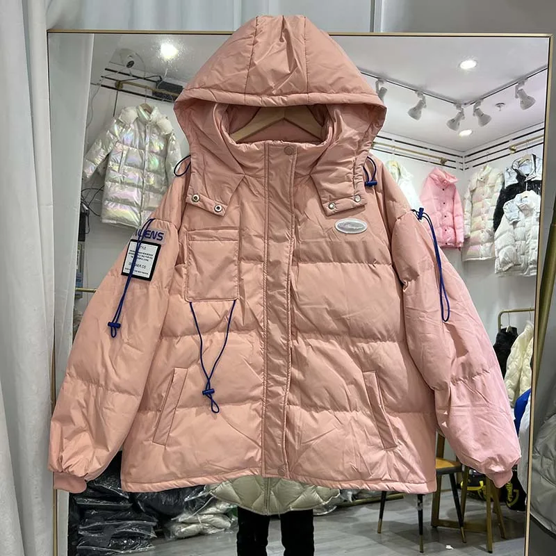 Schinteon المرأة الأبيض بطة أسفل سترة مع غطاء محرك السيارة الخريف الشتاء الدافئة سميكة أبلى فضفاضة أكثر من حجم معطف موضة 2023 جديد