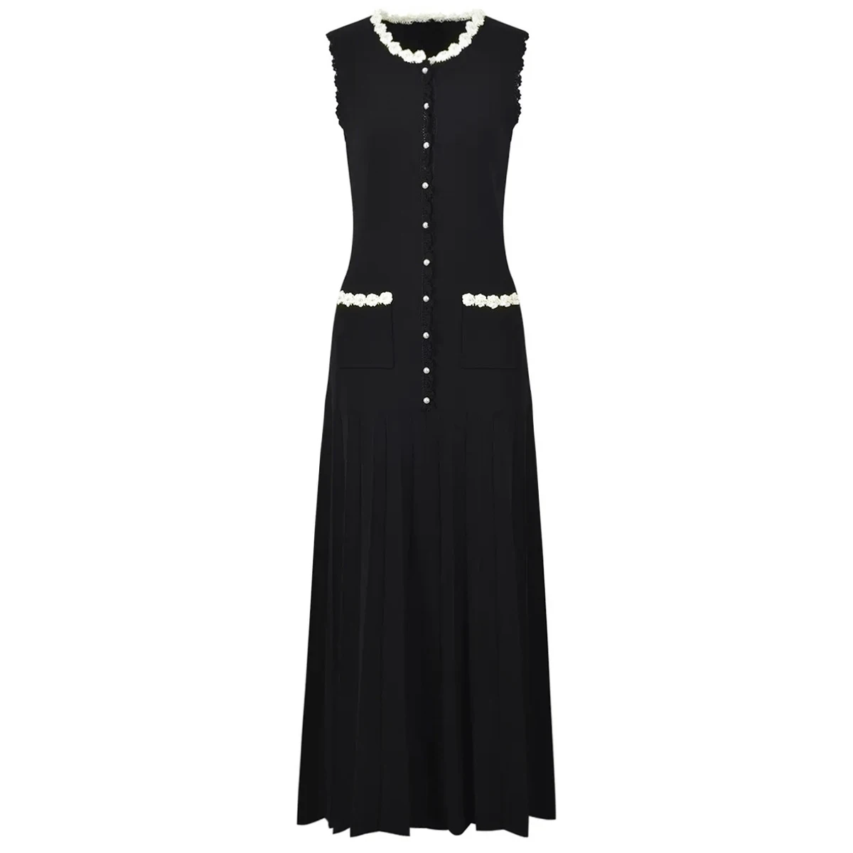 

High Quality Elastic Knitted New Fashionable And Luxurious Handmade Floral Pearl Sleeveless Pocket Slim Fit Women's Dress