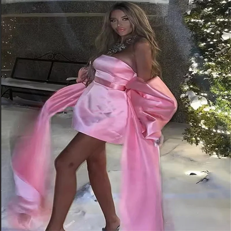 

Pink Elegant Off Shoulder Satin Short Prom Dress Customized Short Sleeves Evening Gowns Mini Back Bow Cocktail Homecoming Dress