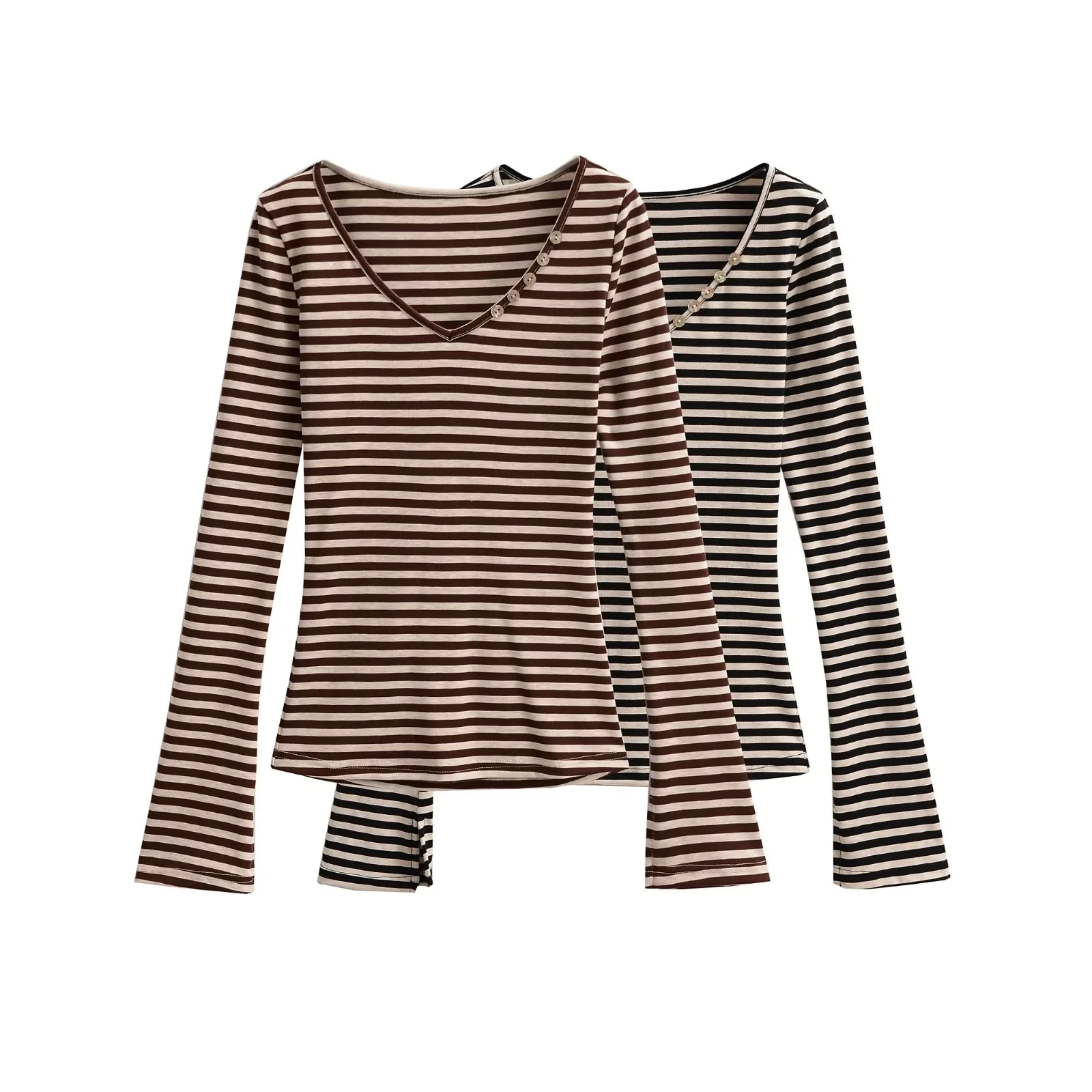 

Женская футболка Slim Fit Long Sve V-Ne в полоску в американском стиле ретро Sle Base Layer irt Внутренняя одежда Топ для осеннего сезона