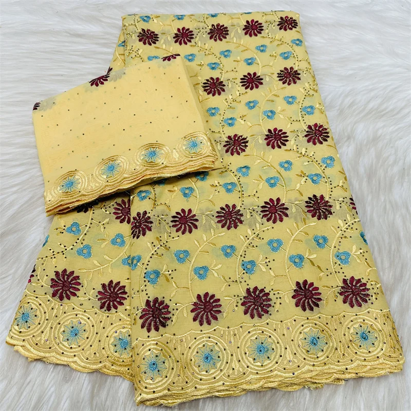 

2026 New Arrivel High Quality African 100% Cotton Lace Fabric Embroidery Lace With Stone 5+2Yards Fabric For Women Wedding Dress