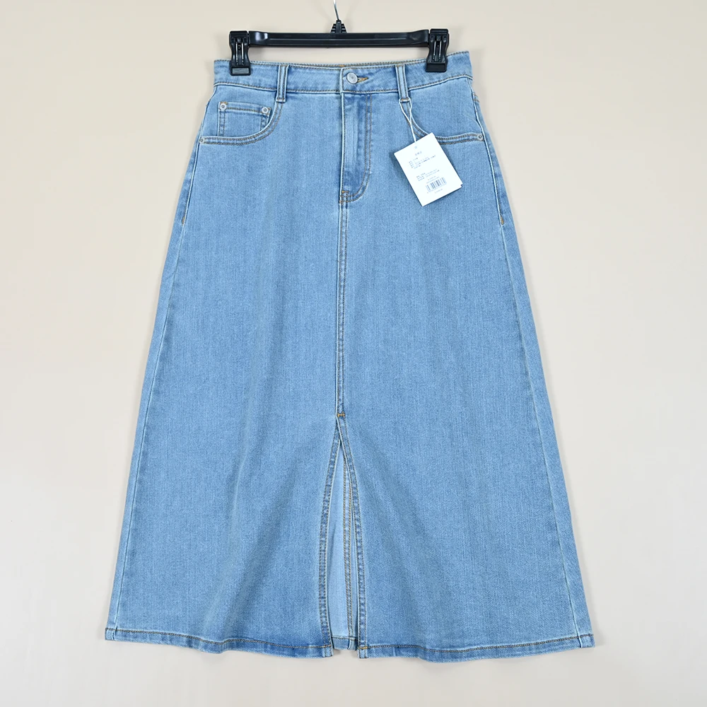 

Slimming Elastic Denim Midi Skirt for Women Casual Versatile Mid-Length A-Line Skirt High Waist Pure Color Commute Sle