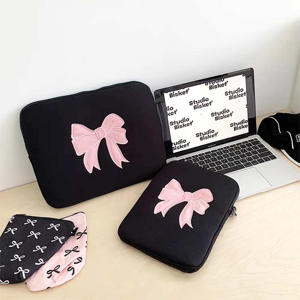 Bowknot tas Laptop murid wanita, kantung komputer ritsleting Tablet Universitas imut, pelindung mode Notebook hadiah