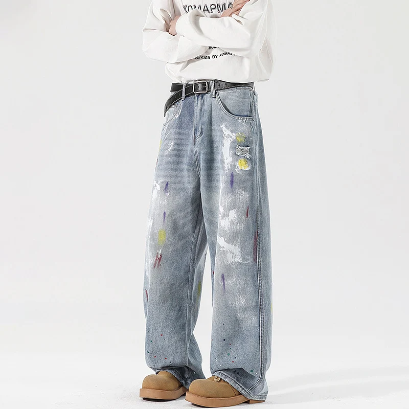 

TFETTERS Brand American Graffiti Jeans Men Washed Baggy Fashion Spring New Straight Leg Jeans for Man Hip Hop New Rock Clothing