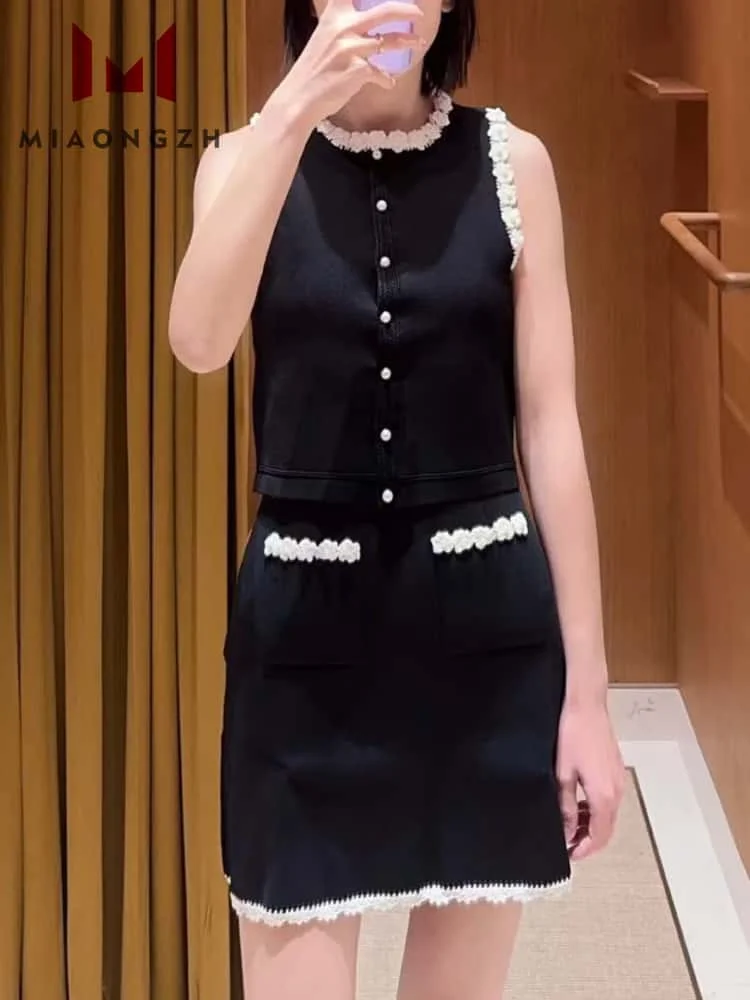 

Black Crochet Flower 2025 Spring Summer New Suit Women's Fashion Elegant Sleeveless O Neck Tops or A-line Skirt Knitted 2 Pieces