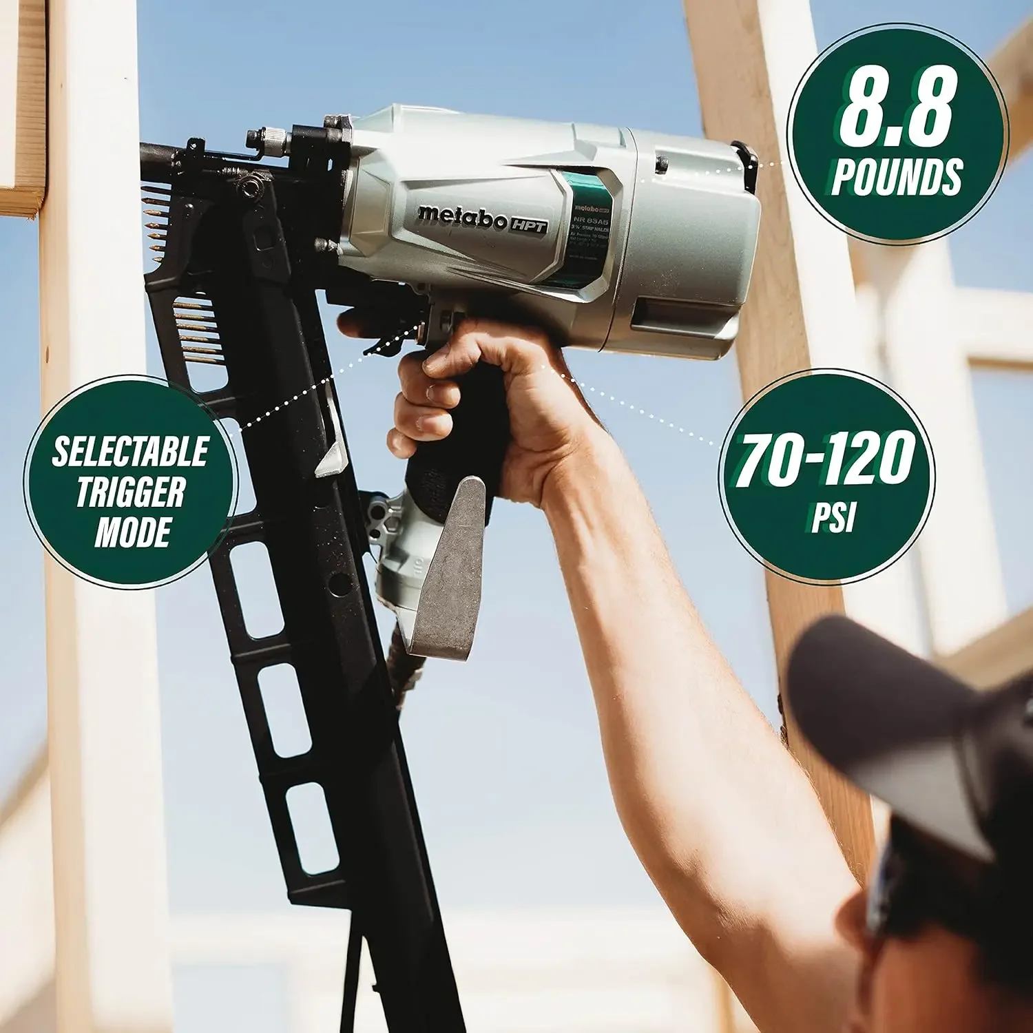 HPT Framing Nailer Pneumático 2 a 3-1/4 Polegadas Pregos Ajuste de Profundidade Sem Ferramenta Revista de 21 Graus |   Atu Selectivo
