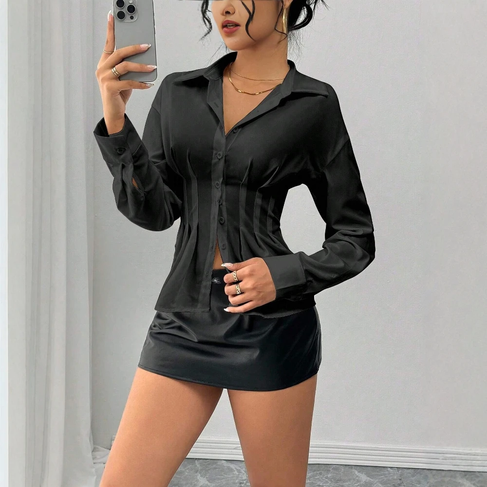 

Mia Muse Boutique 2025 Women's Shirts Autumn Daily Solid Color Long Sleeve Shirt Collar Skinny Fit Button Front Elegant Shirts