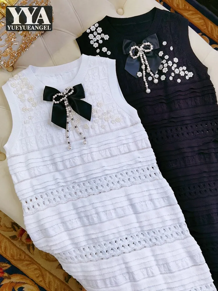 

French Style Women Beading Bowknot Sleeveless Dress Flowers White Black Knitted Hollow Out A Line Slim Fit Summer Short Dresses