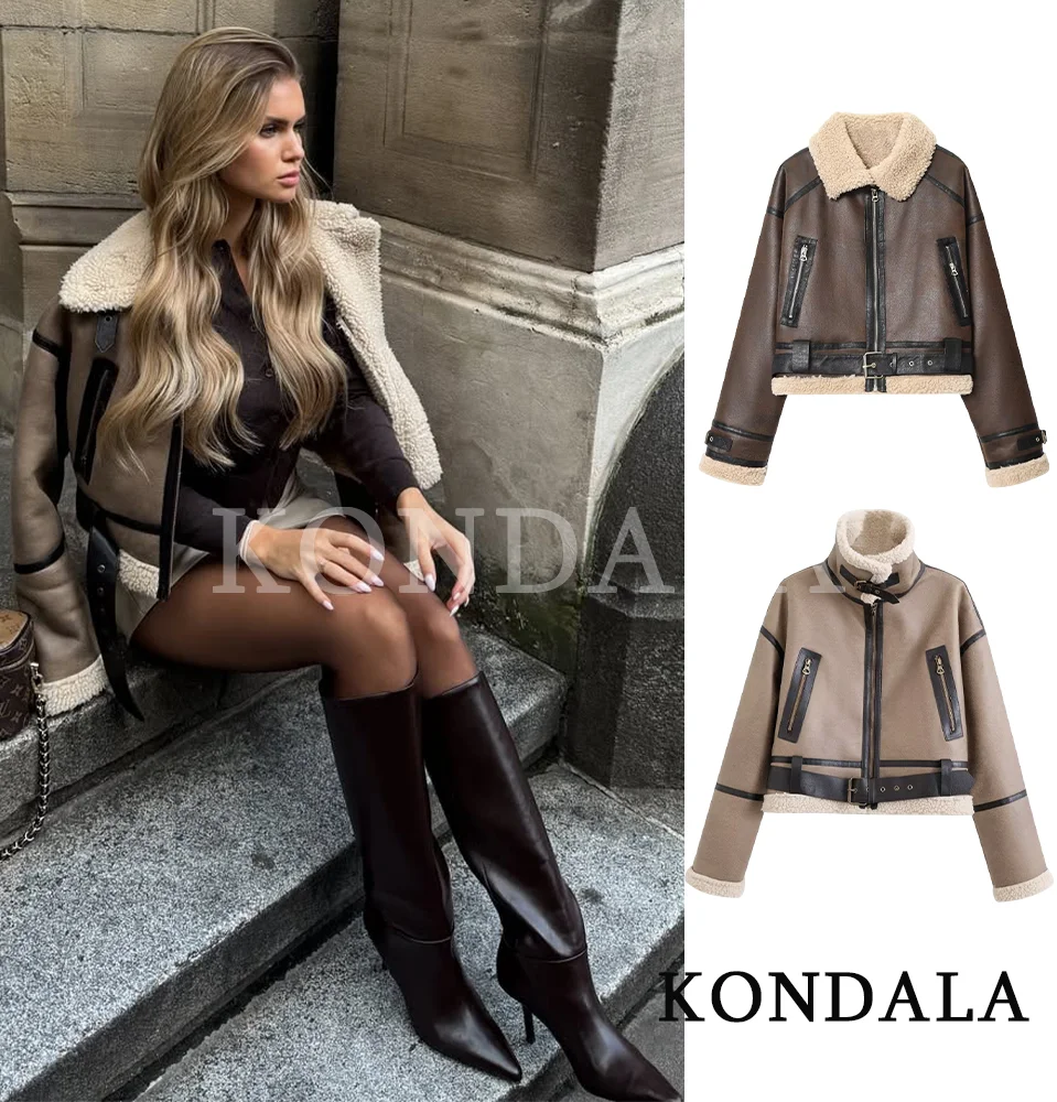

KONDALA Fall Winter Fleece Stand-up Jacket Women's Casual Thickened Warm Zipper Coat 2025 Fashion Retro Motorcycle Style Jacket