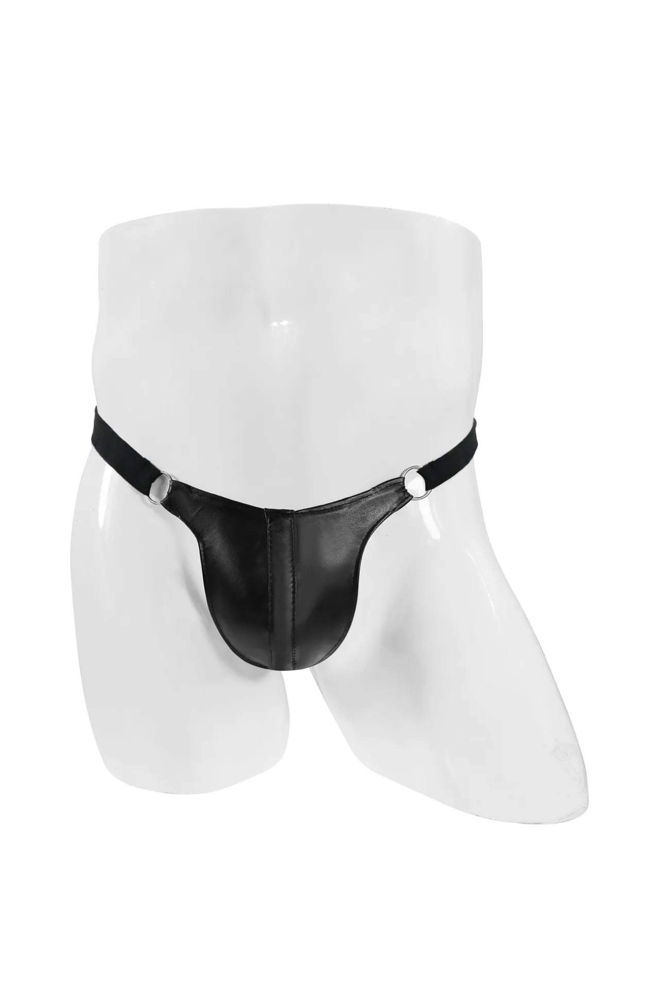 ผู้ชายเร้าอารมณ์ T กลับ Thongs เกย์เซ็กซี่ต่ําเอว U กระเป๋านูน G-String หนัง Faux สีดํา Homme เปิดก้นกางเกงยืดหยุ่น