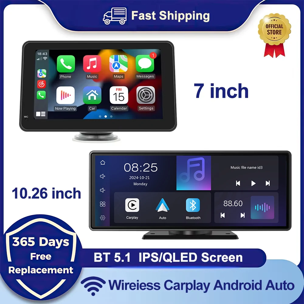 

7/10,26-дюймовый универсальный портативный беспроводной Carplay Android Auto автомобильный радиоприемник мультимедийный стерео видеоплеер 1DIN MP5 MP3 авторадио