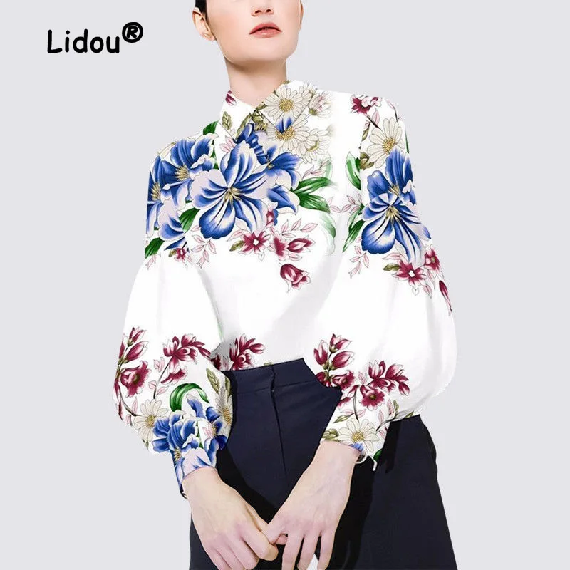 Elegant Blue and White Porcelain Slim Blouse Women Fashion Classic Puff Sleeve Polo Collar Lady Single-breasted Shirt