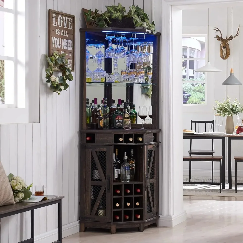 Narożna szafka barowa, 72" Tall Farmhouse Wine Bar Cabinet, Home Bar Cabinet z oświetleniem LED i szklanym stojakiem do salonu