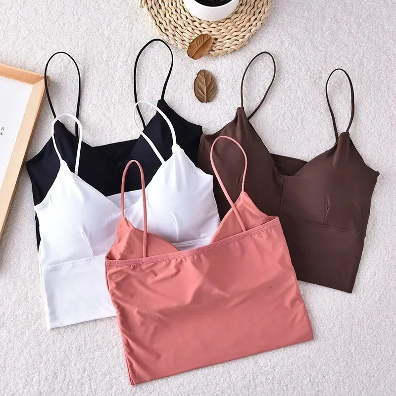 Women Crop Tops Sexy Solid Color Ice Silk Tube Top Seamless Sports Tank Top Wireless Underwear Padded Bra Bralette Vest