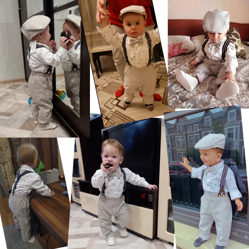 Baby Boy Gentleman Romper Clothes Set with Bow Hat Cotton Spring Fall Toddler Kids Printed Bodysuit Dress Infant Outfit Suit