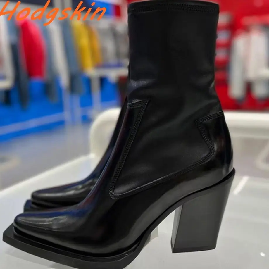 Soft Leather Women Boots Pointed Toe Solid Sewing Side Zipper Chunky Heels Shoes Runway Show Classic All-match Mid Calf Boots